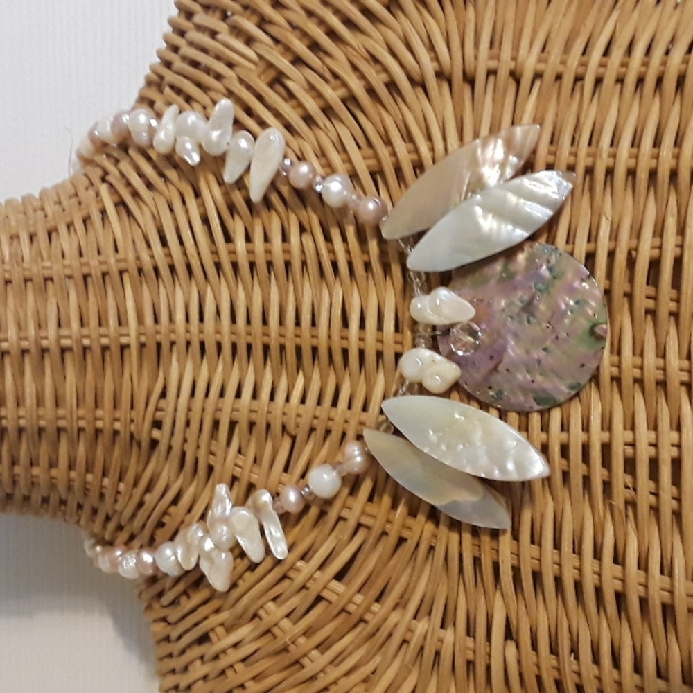 Handmade Sea Goddess statement necklace freshwater pearls, Abalone shell Artisan